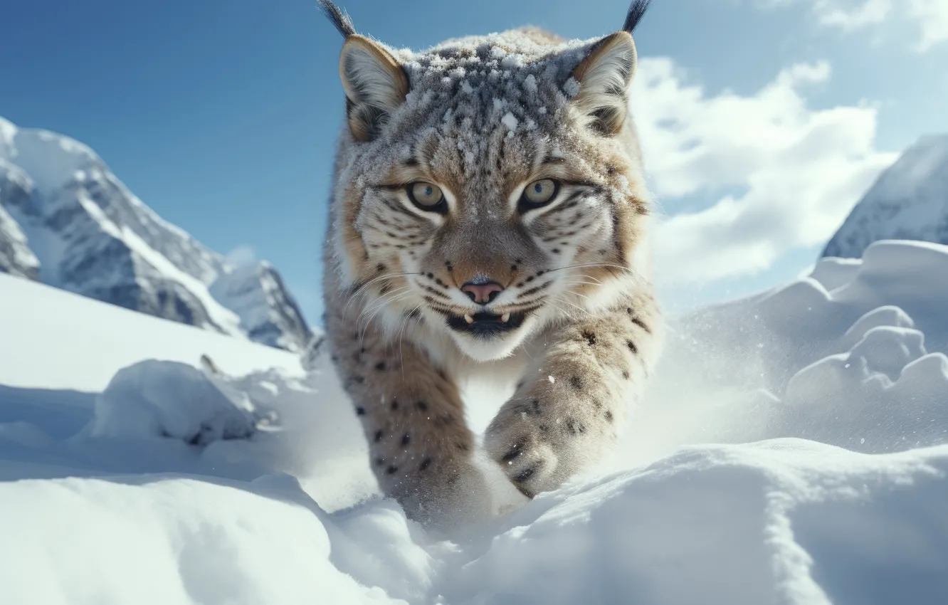 Photo wallpaper winter, look, snow, predator, lynx, front, big cat, digital art