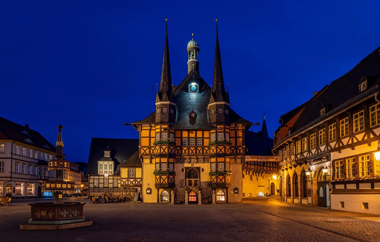 Photo wallpaper building, home, Germany, area, fountain, night city, Germany, town hall