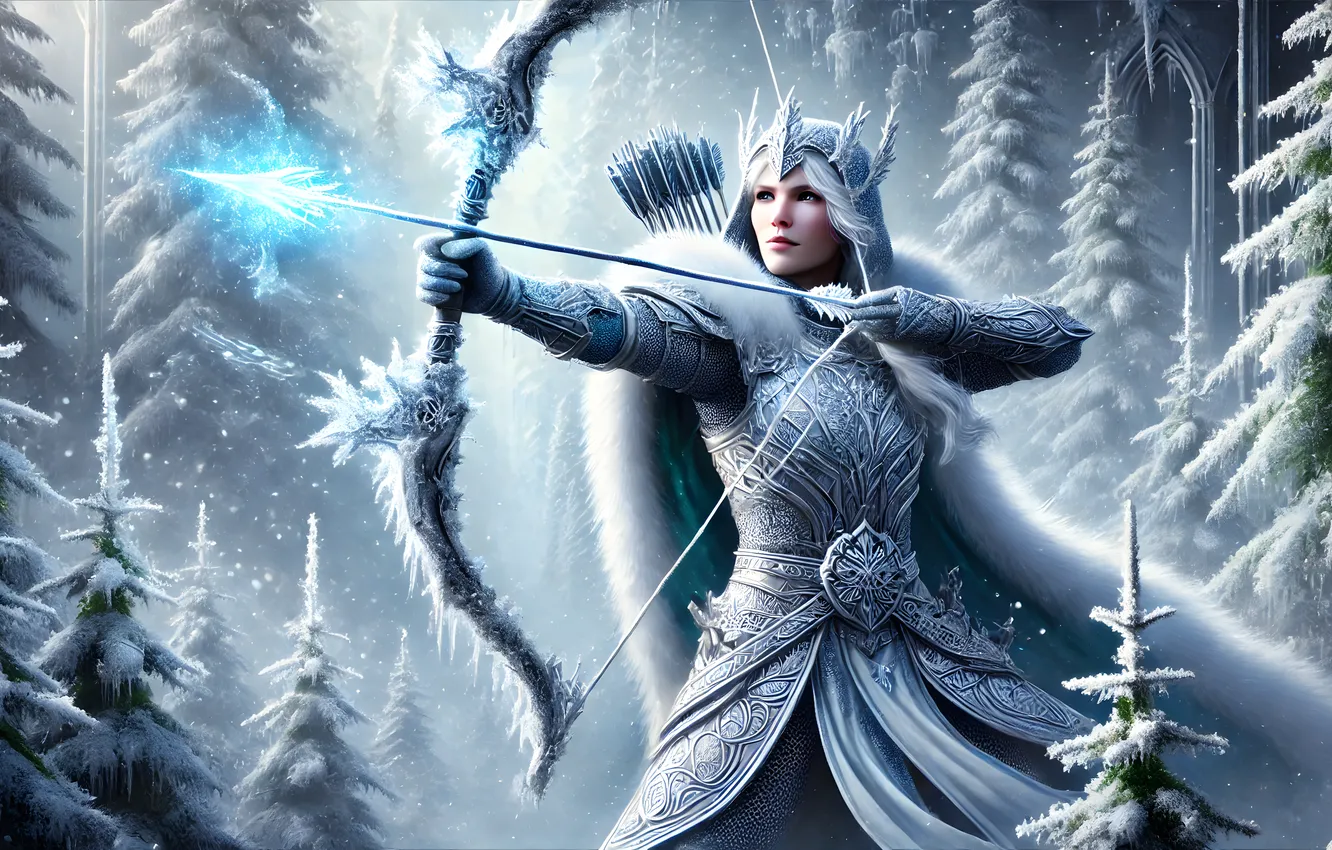 Photo wallpaper winter, frost, forest, look, girl, snow, trees, nature