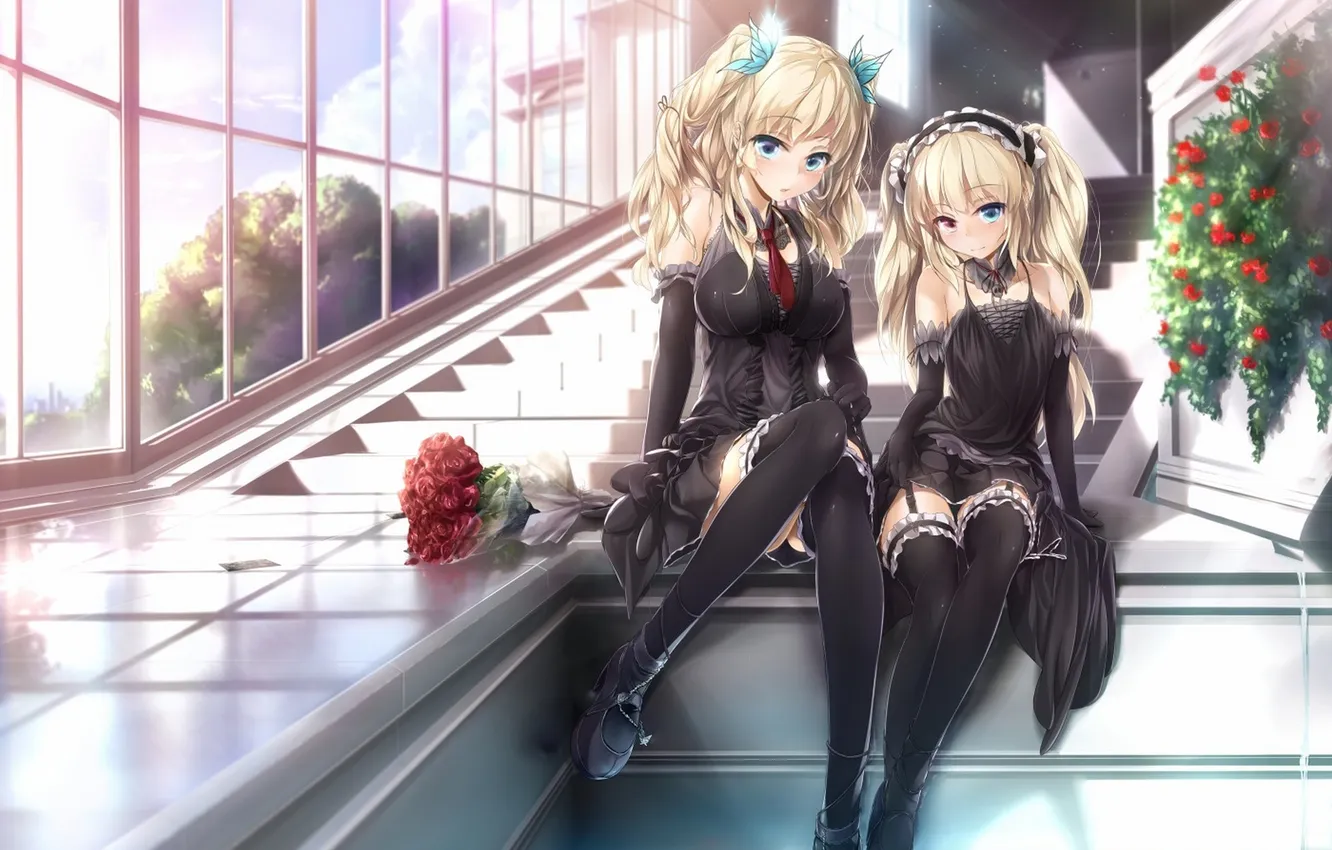 Photo wallpaper water, girl, flowers, roses, bouquet, anime, petals, art