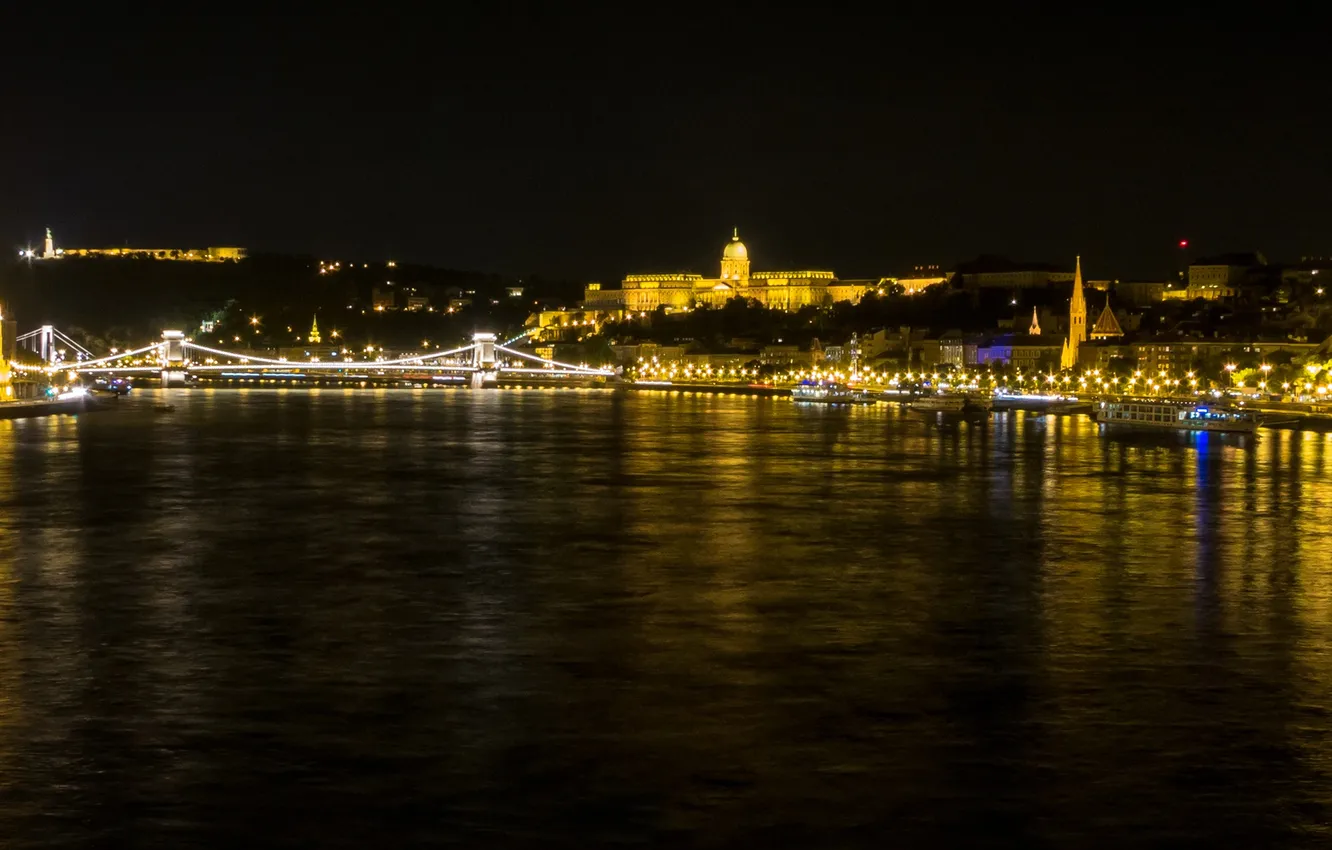 Photo wallpaper night, lights, river, panorama, Parliament, Hungary, Budapest, The Danube