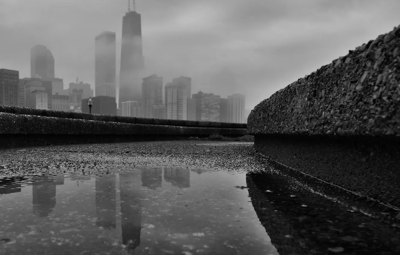 Photo wallpaper fog, skyscrapers, the evening, puddle, Chicago, black and white, Chicago
