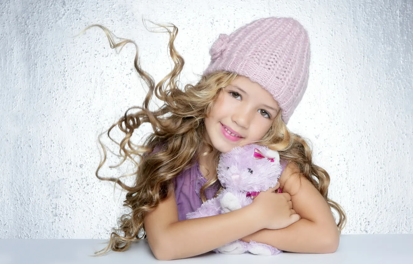 Photo wallpaper smile, hat, toy, girl, curls