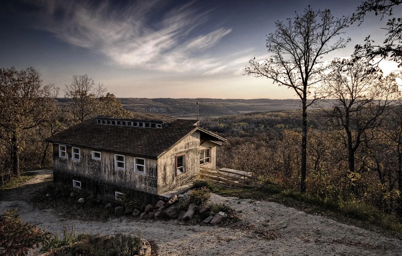 Photo wallpaper forest, the sky, horizon, house