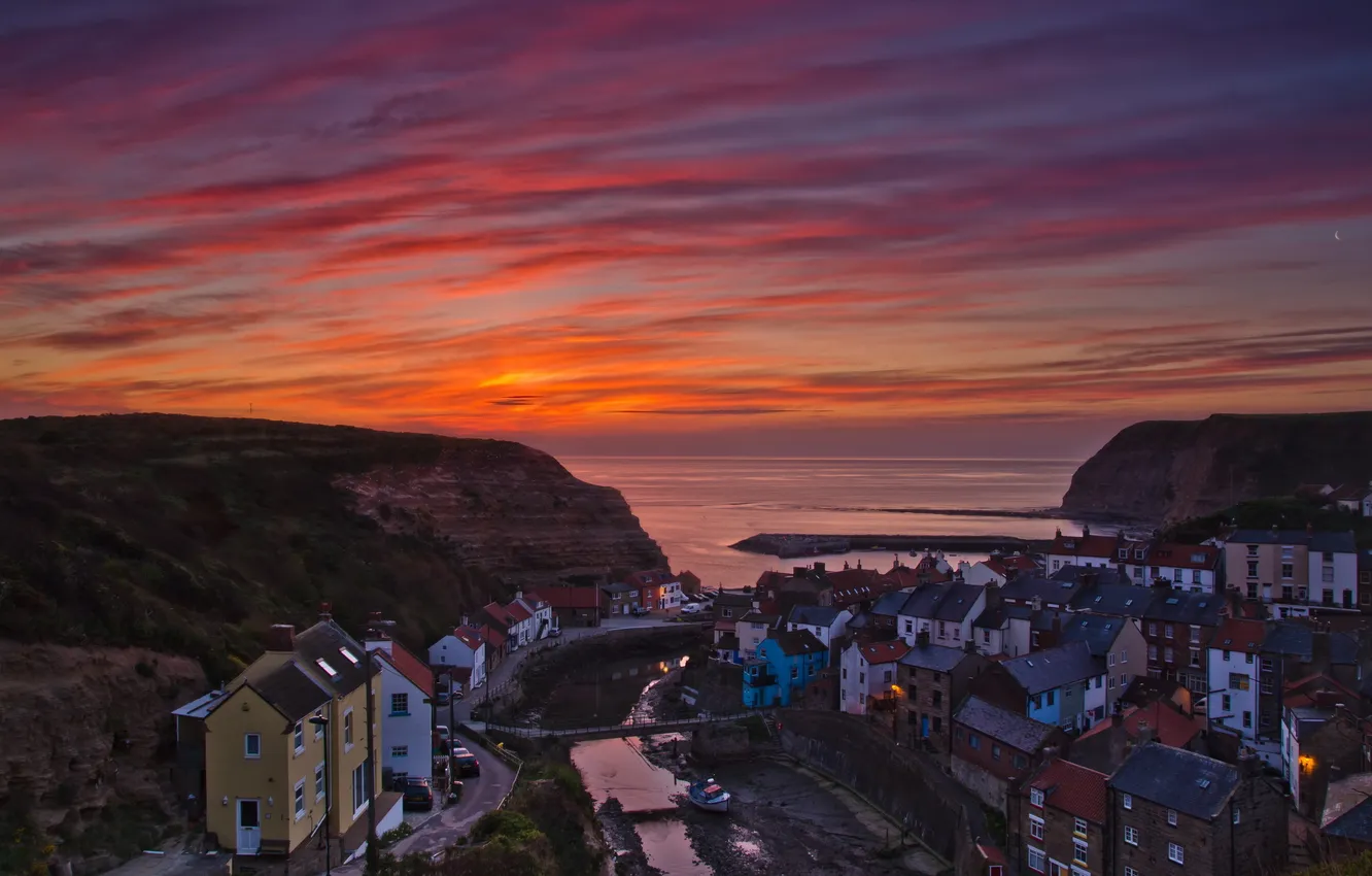 Photo wallpaper sunset, England, Staithes