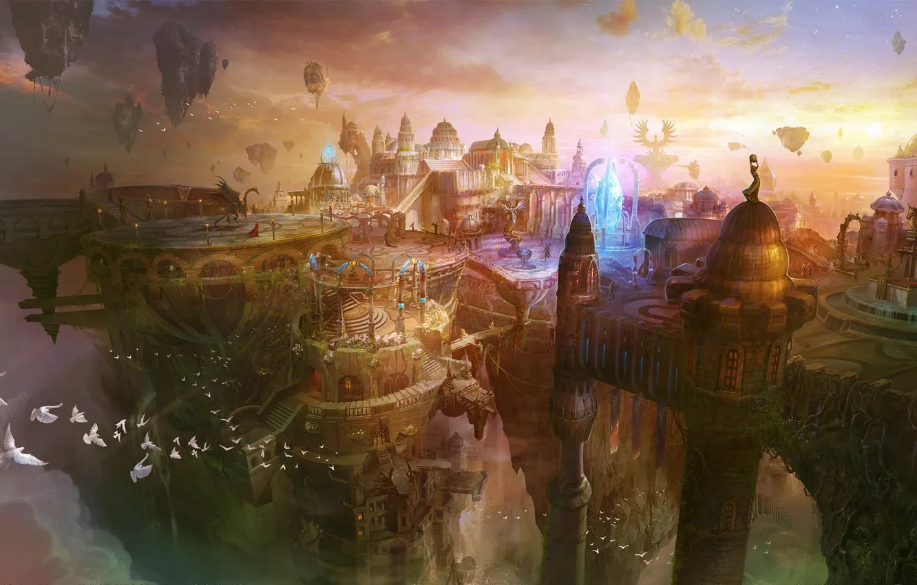 Photo wallpaper the city, rocks, bird, magic, statue, in the sky, War of the Immortals