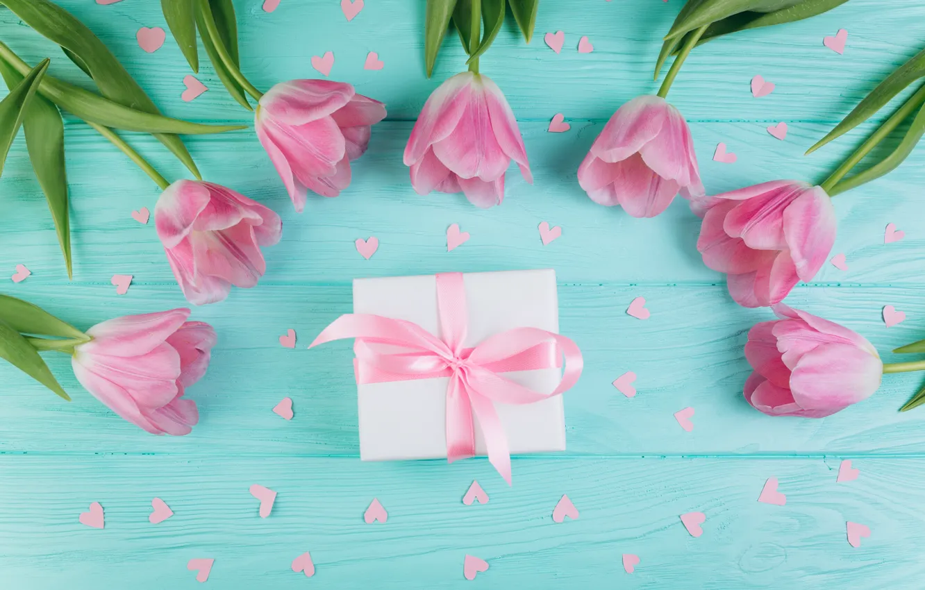 Photo wallpaper love, flowers, gift, hearts, tulips, love, pink, fresh