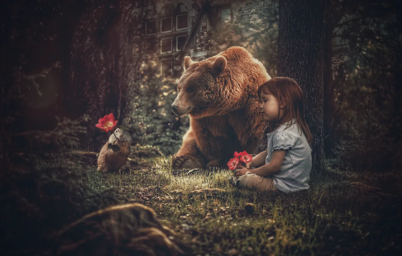Photo wallpaper forest, grass, flowers, rendering, fantasy, glade, bear, girl