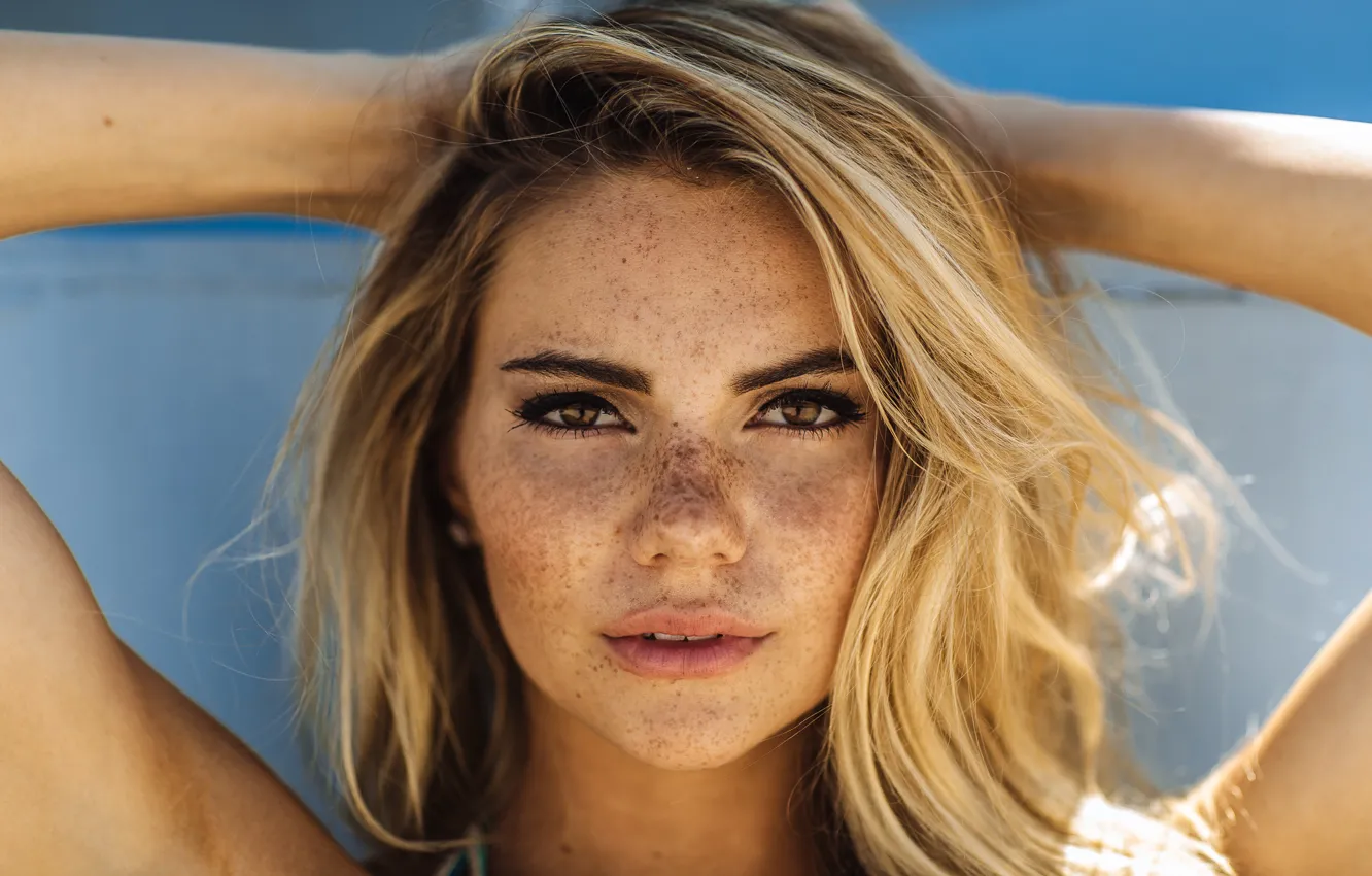 Photo wallpaper eyes, look, girl, face, background, hair, blonde, lips