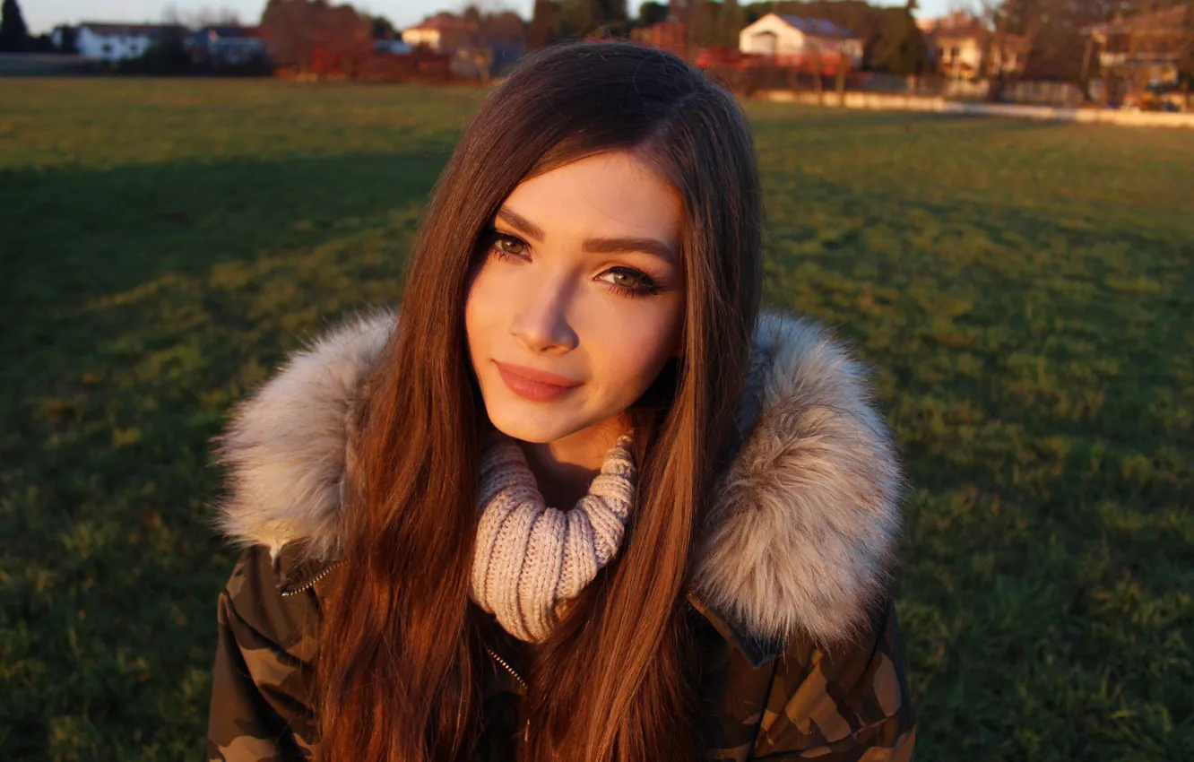 Photo wallpaper field, grass, look, girl, smile, sweetheart, hair, portrait