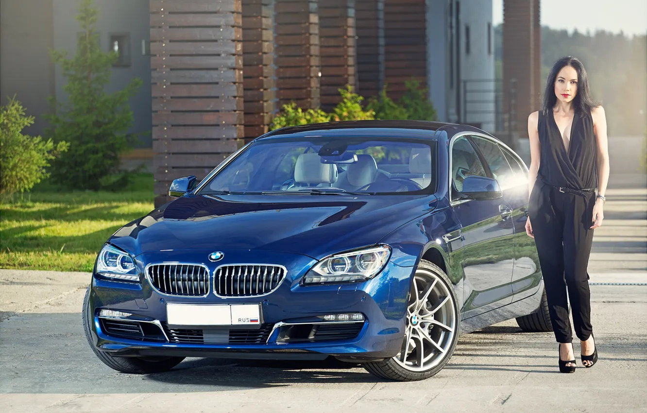 Photo wallpaper auto, look, girl, BMW, beautiful girl, is above the machine