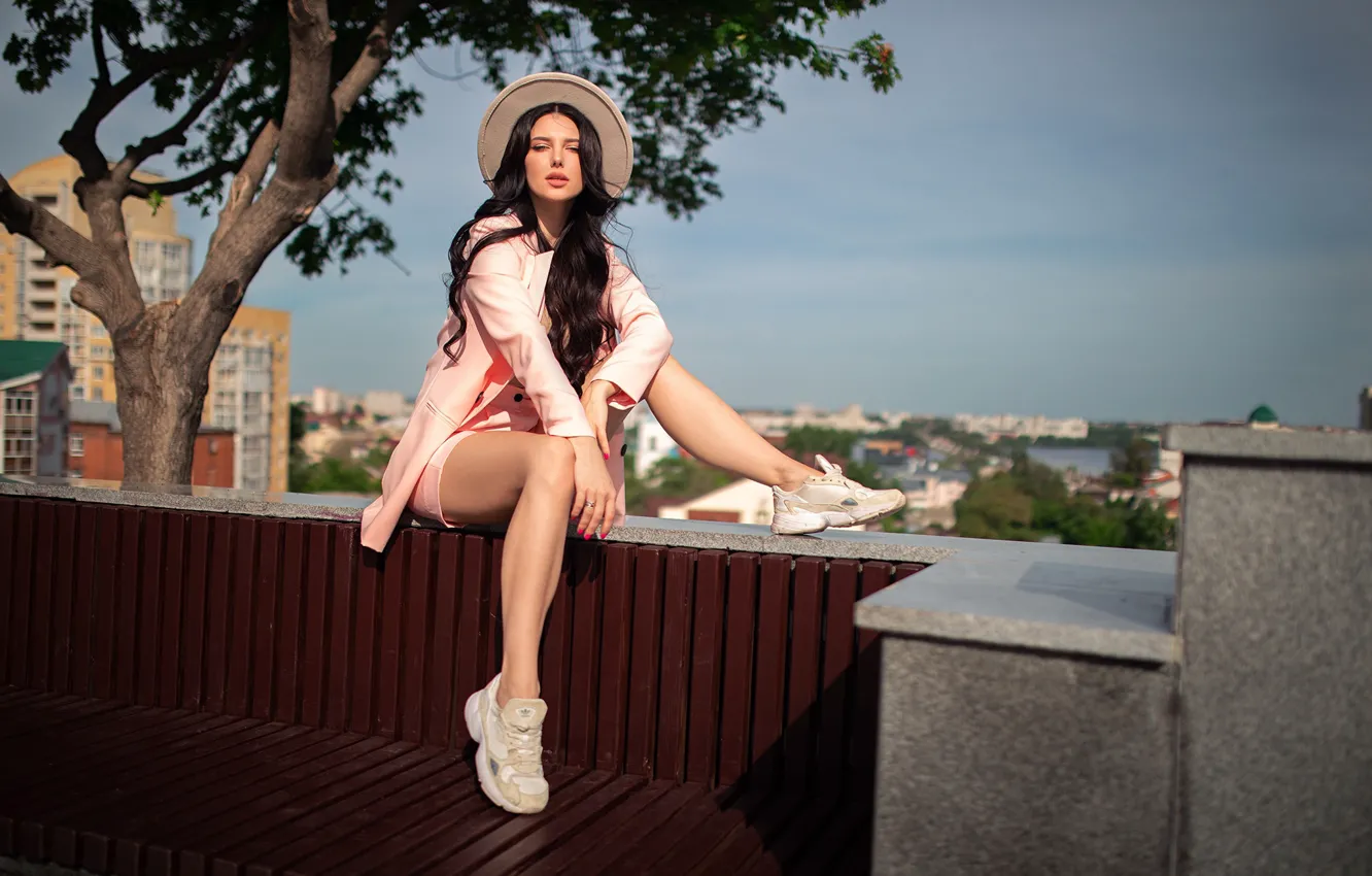 Photo wallpaper girl, trees, the city, feet, hat, brunette, costume, long hair