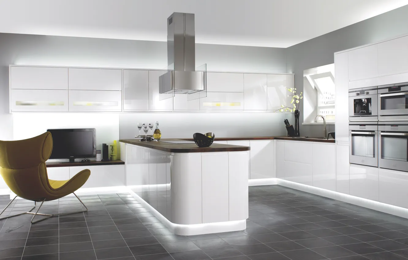 Photo wallpaper design, house, style, room, interior, kitchen, white minimalist kitchen with modern cabinet
