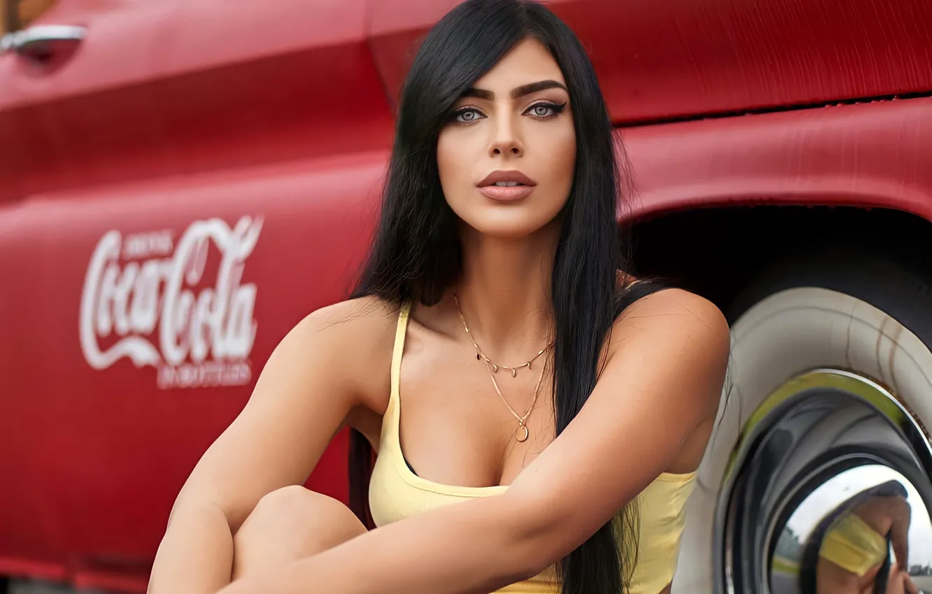 Photo wallpaper car, girl, eyes, model, pretty, lips, face, brunette