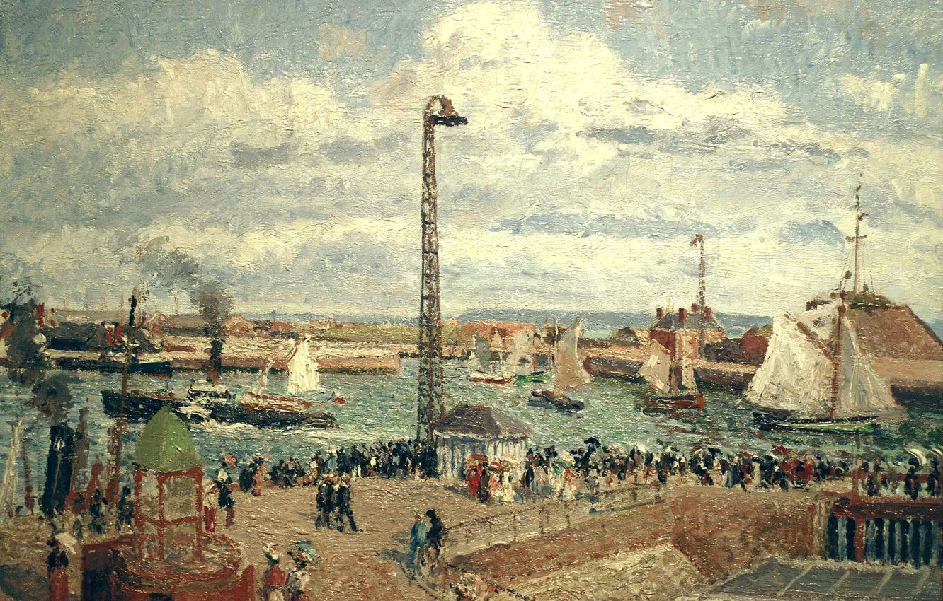 Photo wallpaper ship, picture, Camille Pissarro, The jetty at Le Havre on a Sunny Day. Tide