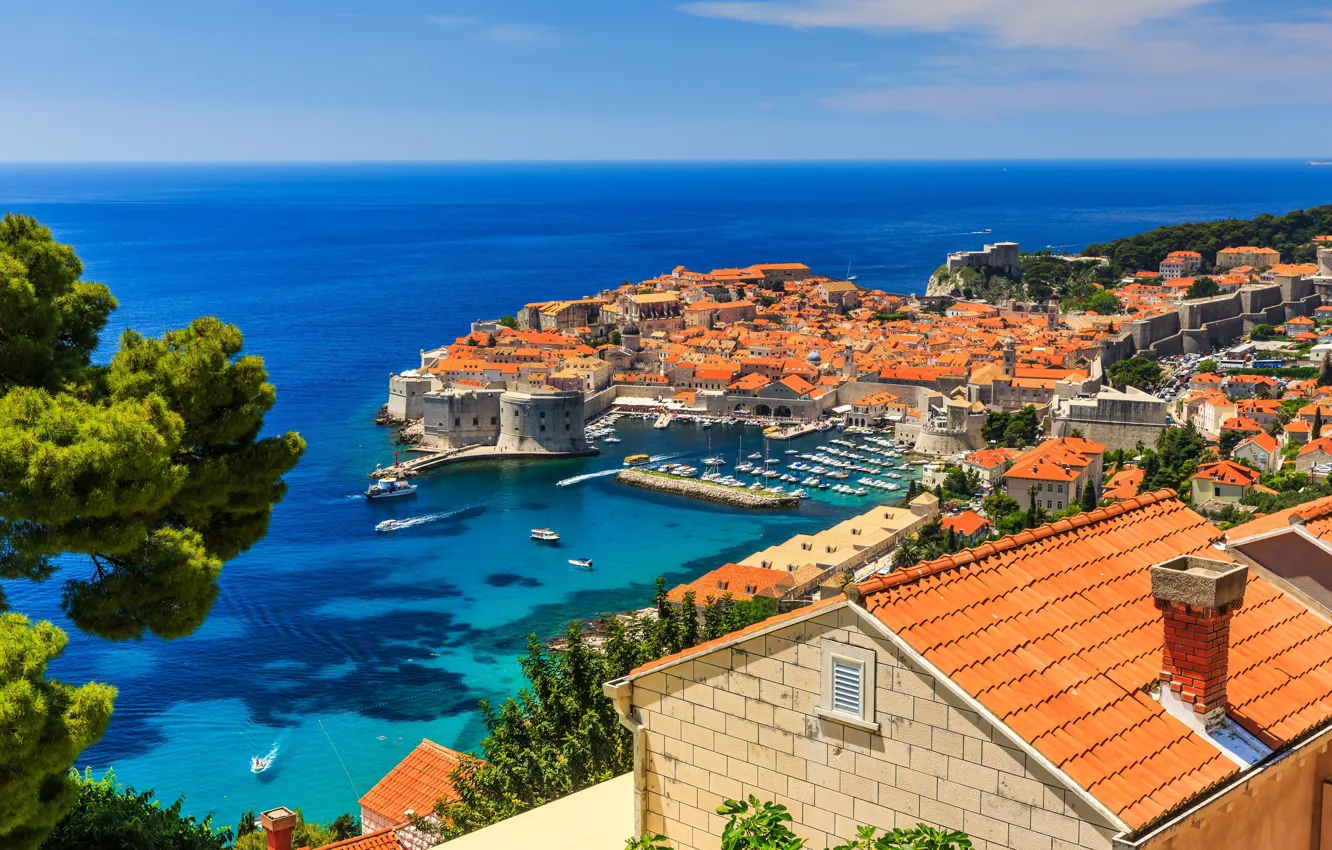Photo wallpaper roof, sea, the sky, the sun, trees, rocks, coast, boat