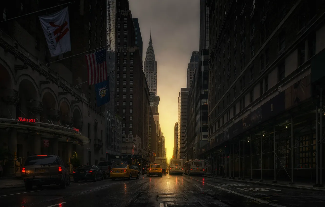 Photo wallpaper machine, street, taxi, Manhattanhenge