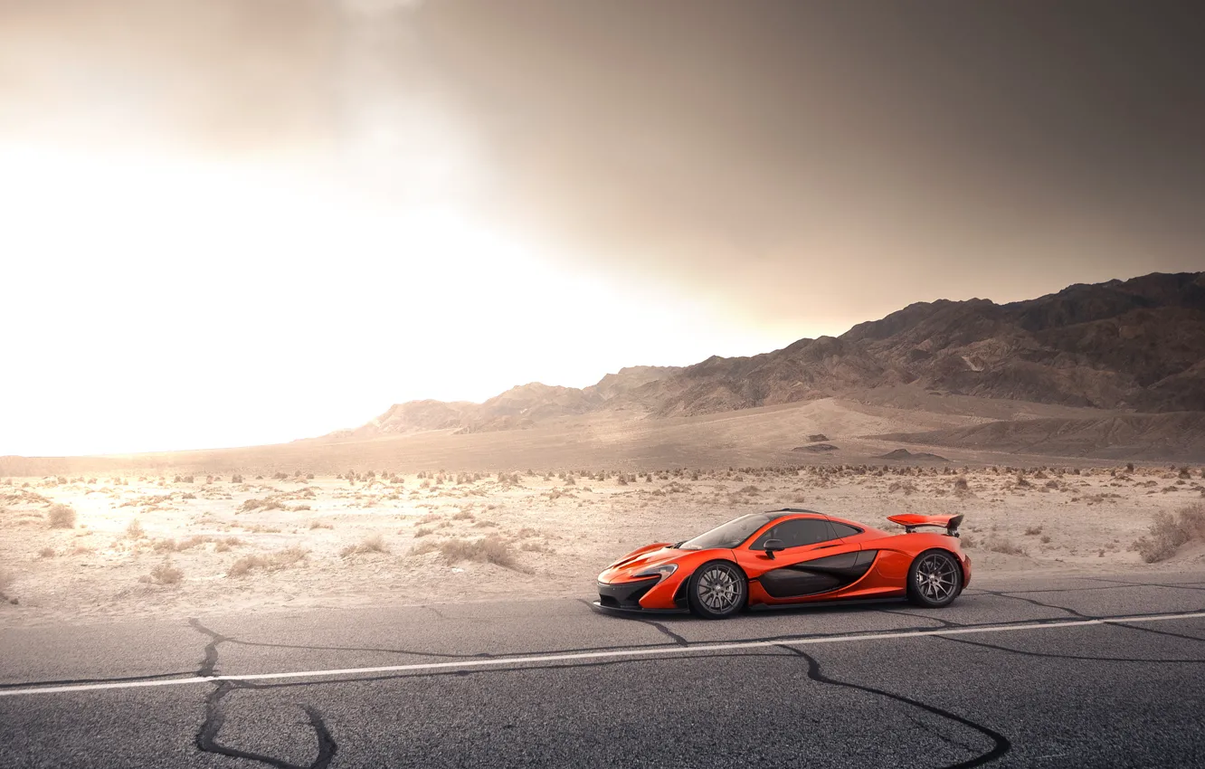 Photo wallpaper McLaren, Orange, Front, Storm, Road, Supercar, Desert