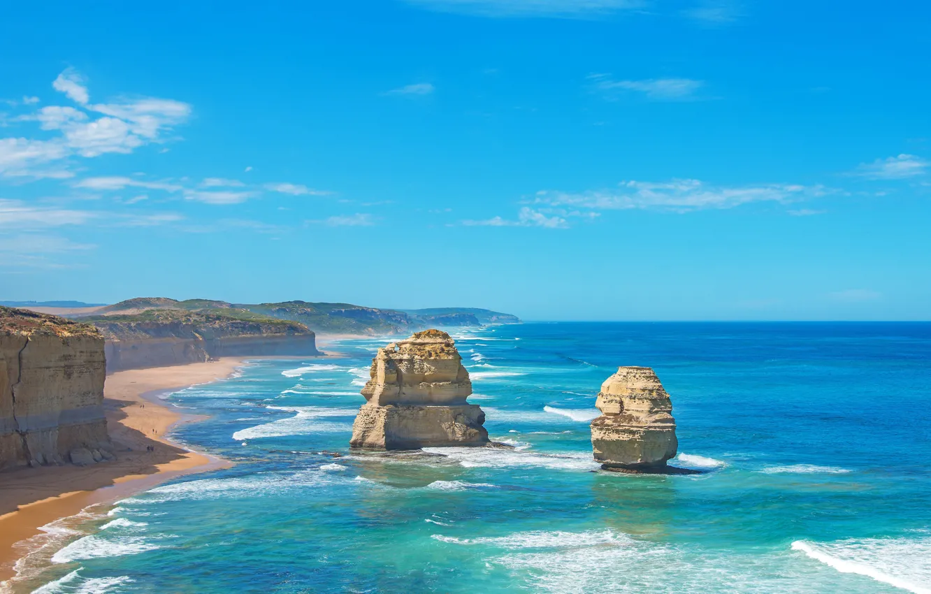 Photo wallpaper sea, wave, beach, the sky, clouds, blue, rocks, blue