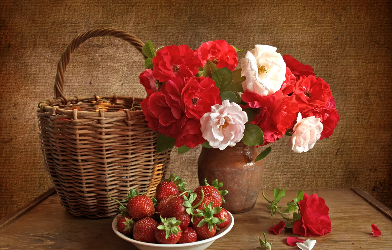 Photo wallpaper flowers, roses, strawberry, vase, still life