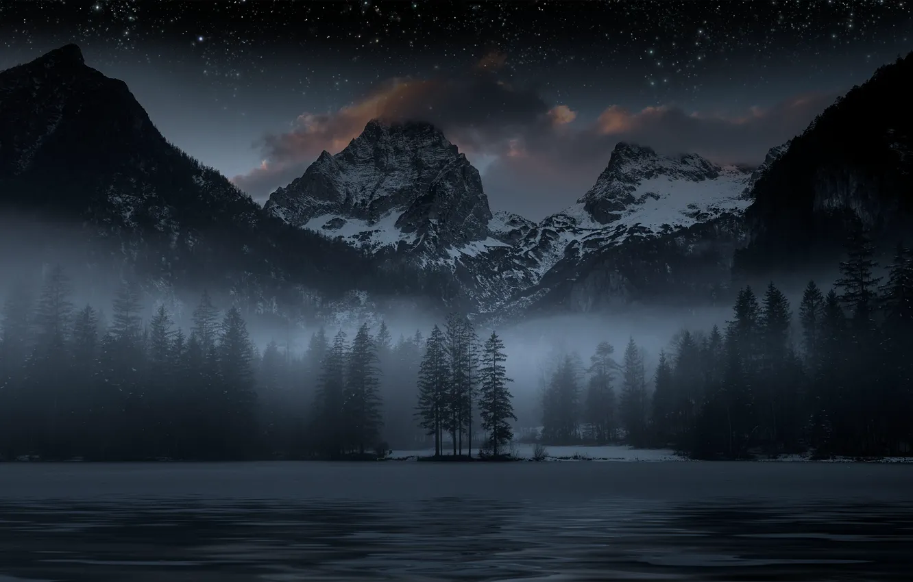 Photo wallpaper forest, the sky, stars, mountains, night, lake