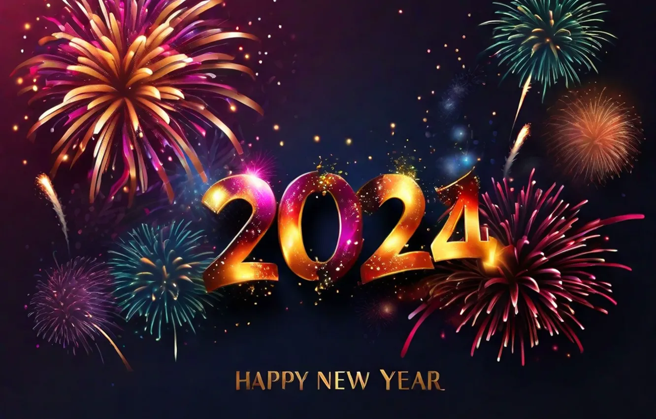 Photo wallpaper new year, salute, colorful, figures, golden, Neon, New Year, fireworks