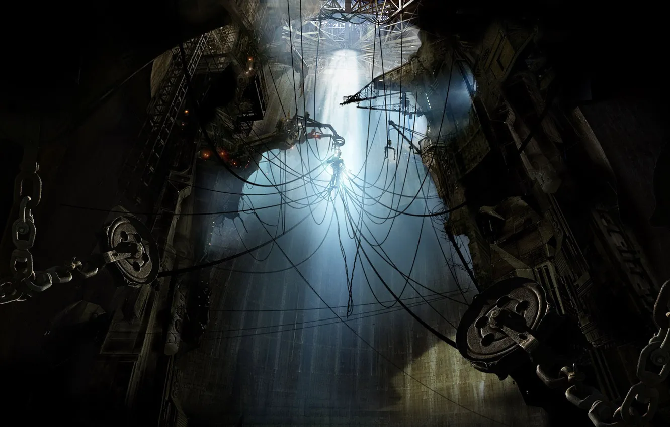 Photo wallpaper machine, rays, plant, technique, wheel, chain, iron, mine