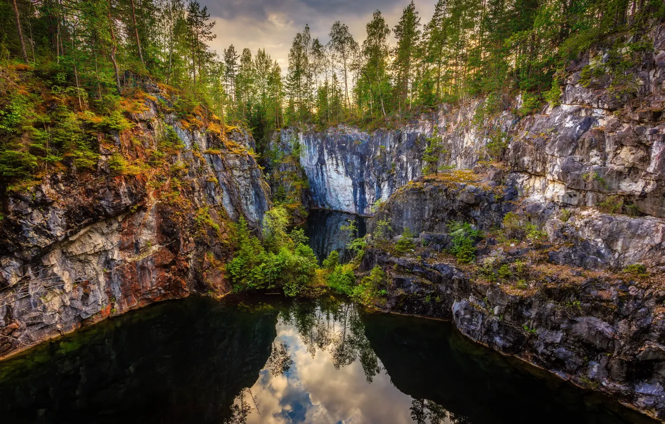Photo wallpaper forest, water, trees, lake, reflection, rocks, canyon, Sweden