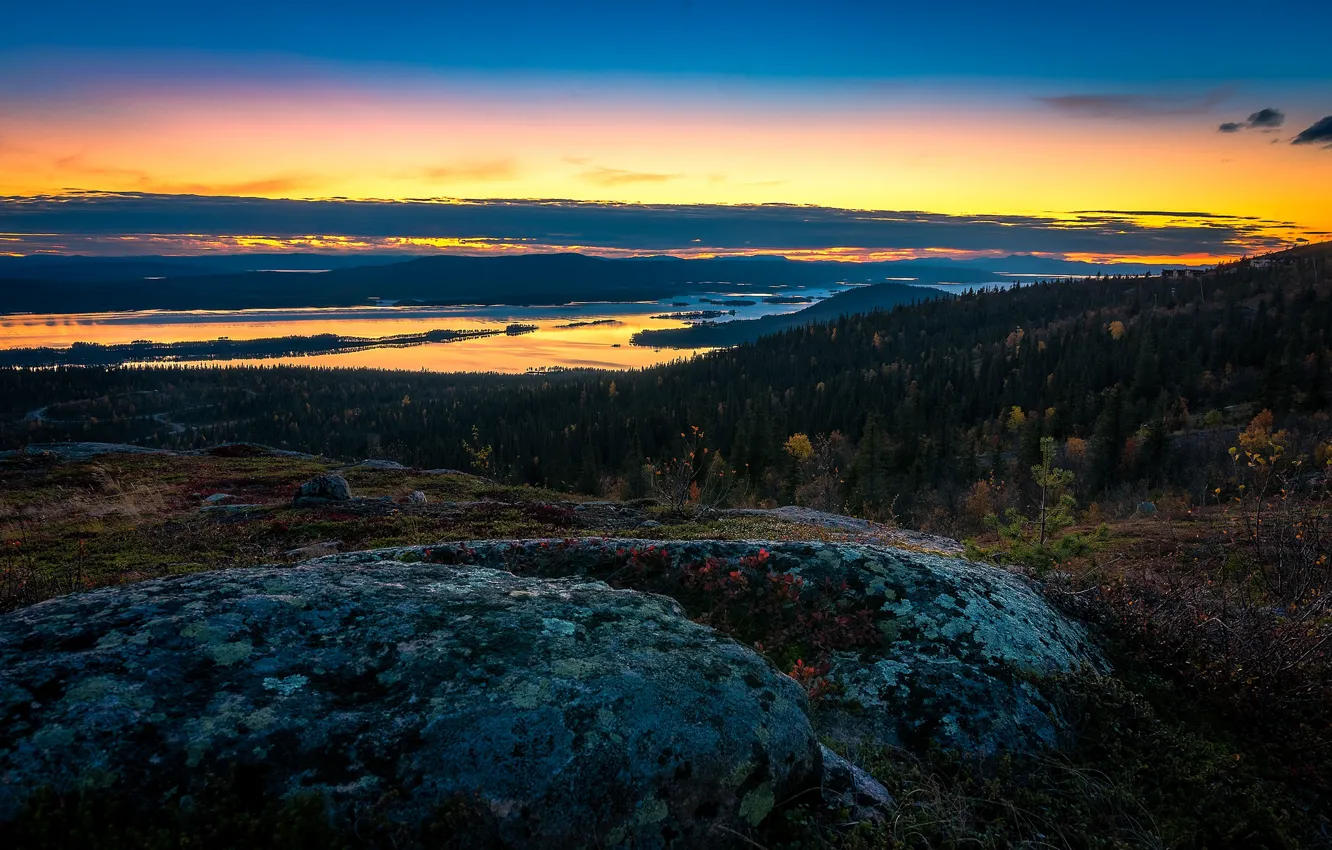 Photo wallpaper autumn, forest, the sky, clouds, lake, horizon, Sweden, Sweden