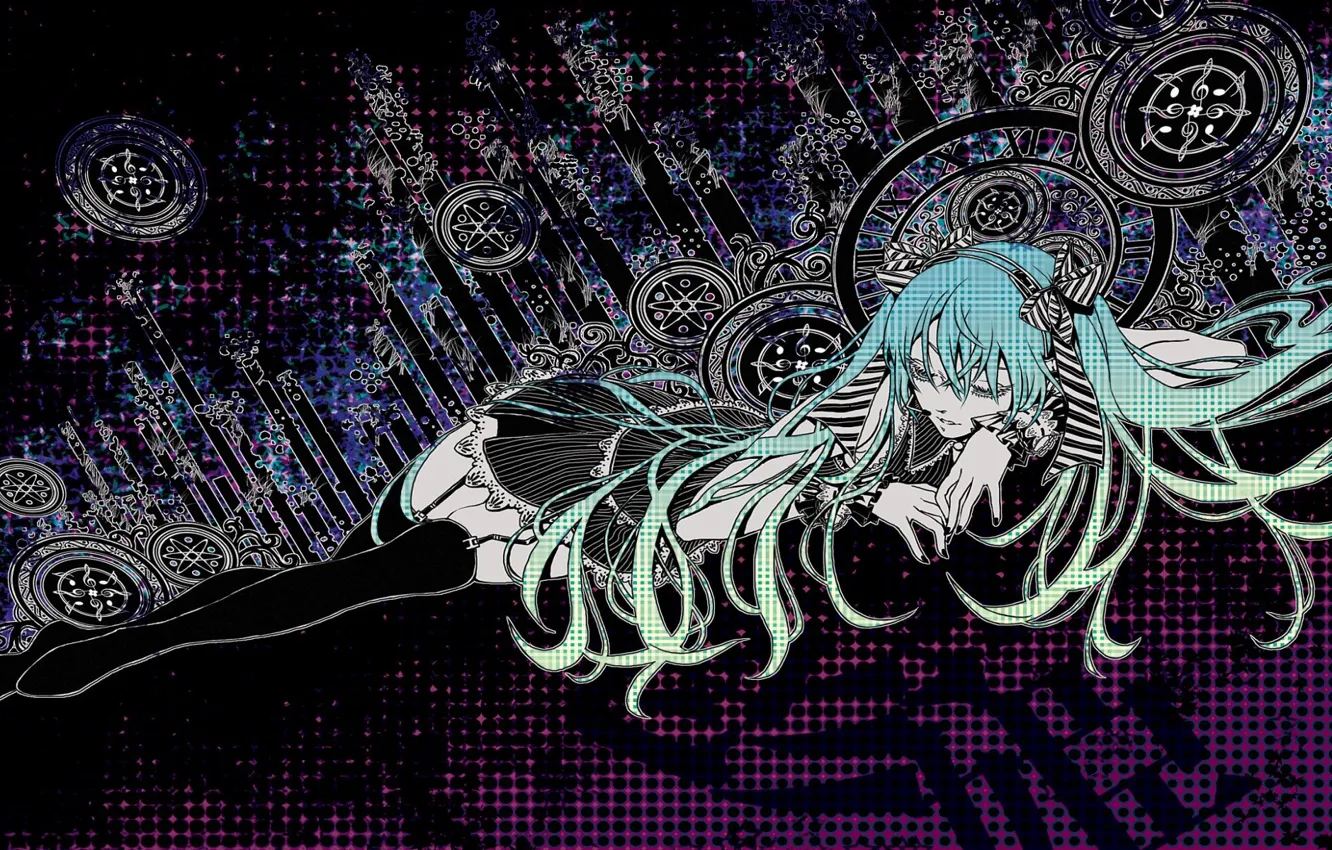 Photo wallpaper characters, vocaloid, Hatsune Miku, Vocaloid, blue hair, black stockings, hair bow, lying on his side