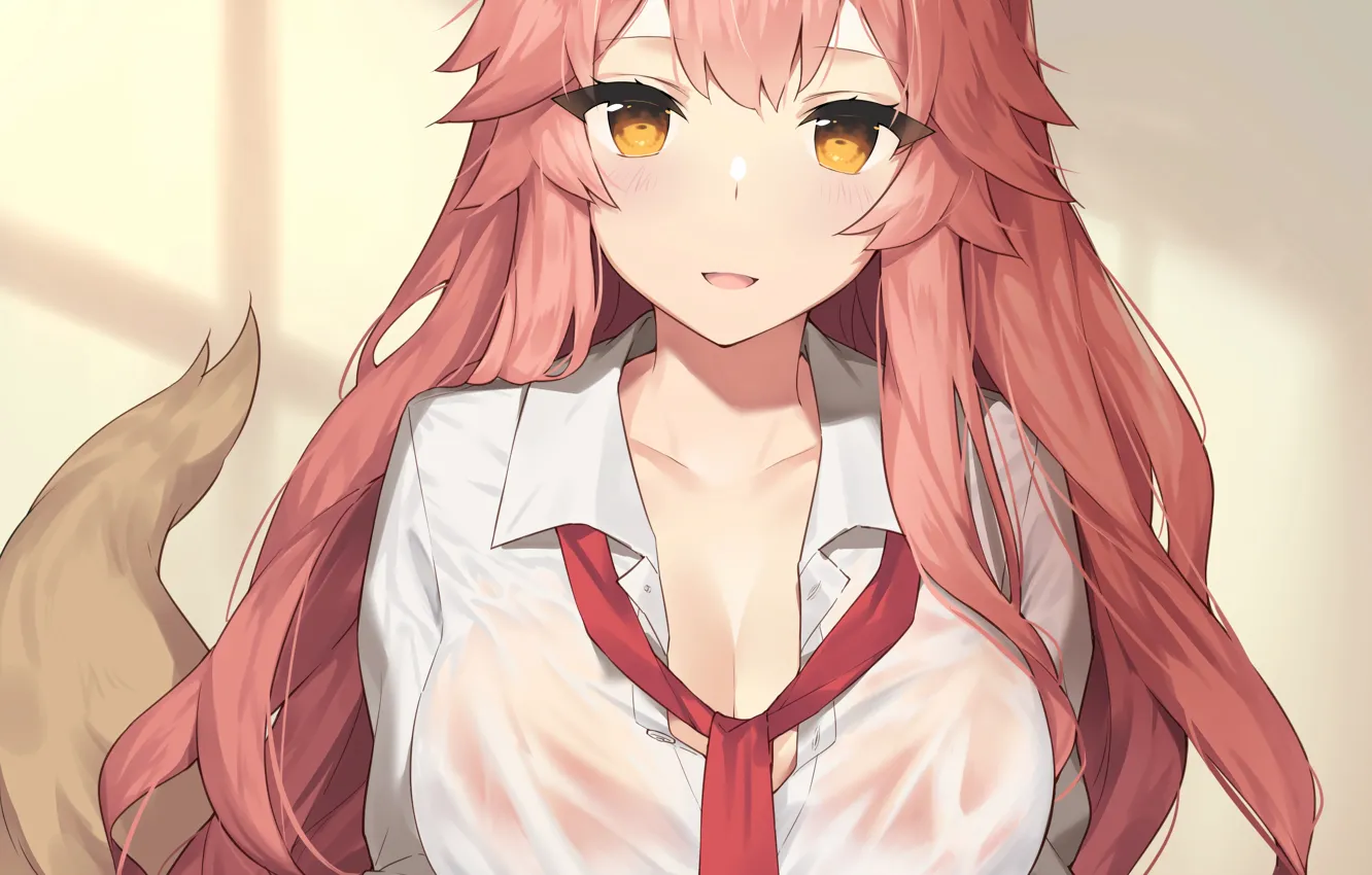 Photo wallpaper girl, sexy, cleavage, pink hair, long hair, boobs, animal ears, anime