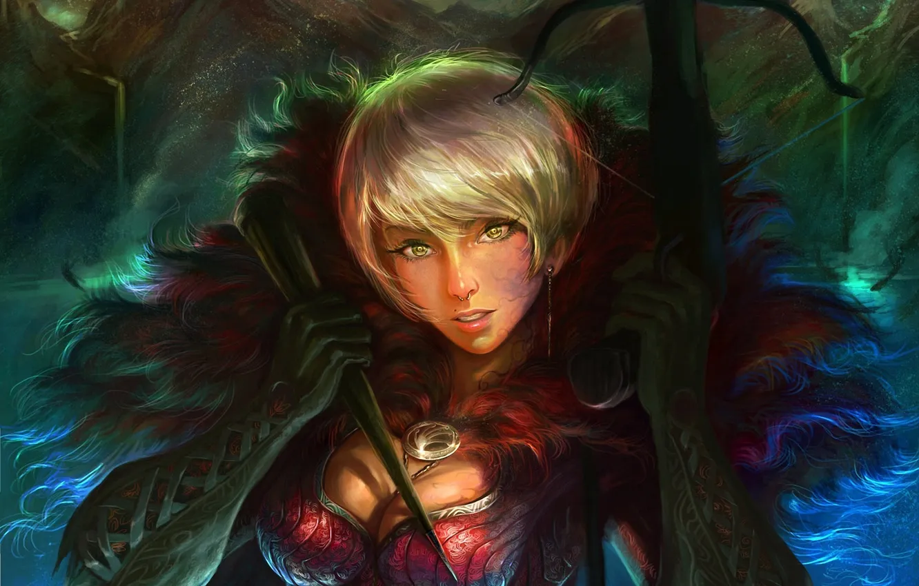 Photo wallpaper girl, art, hunter, crossbow, number