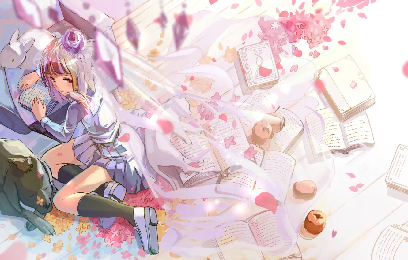 Photo wallpaper girl, flowers, books, dog, anime, petals, art, fruit