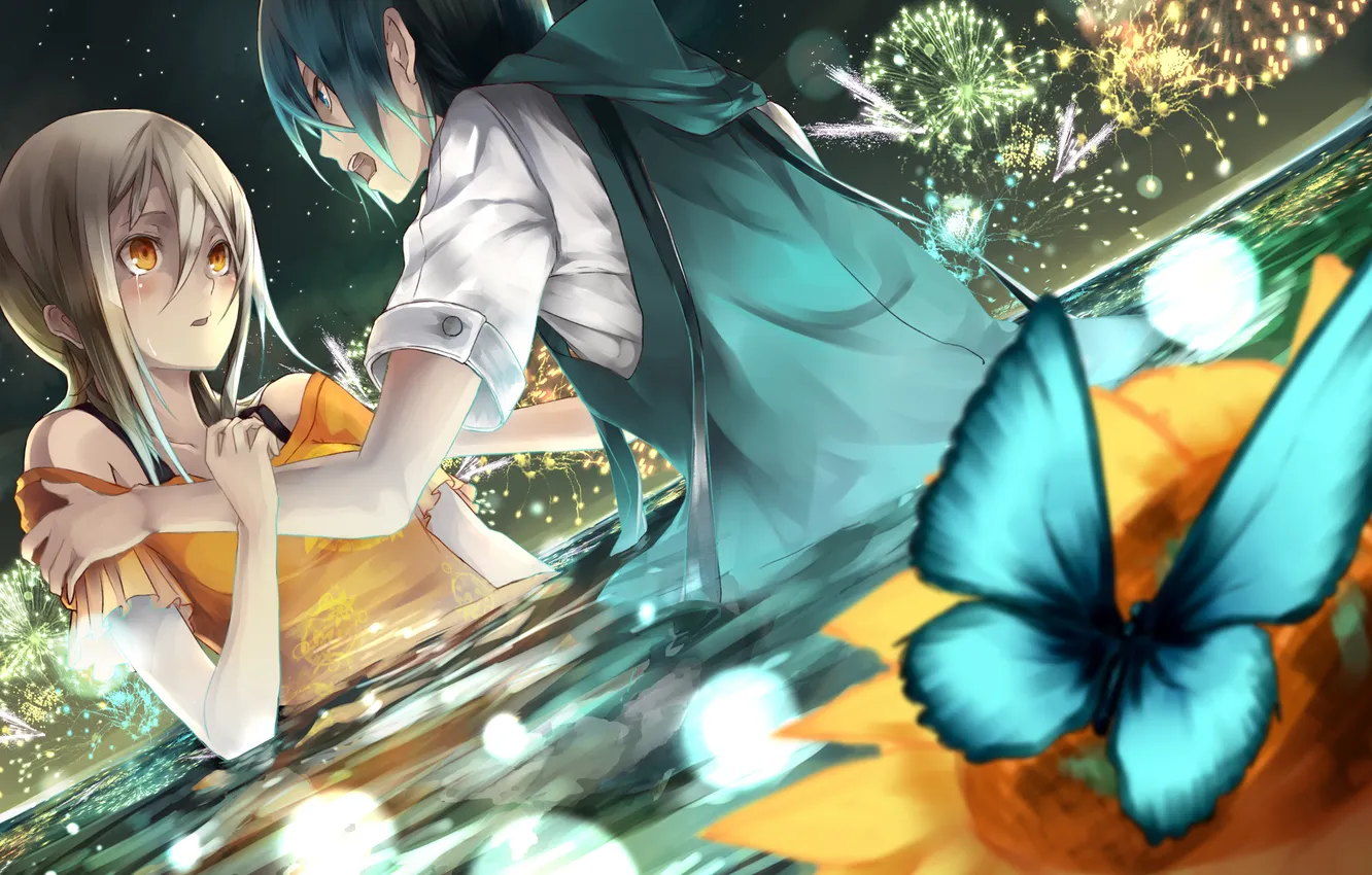 Photo wallpaper water, girl, emotions, butterfly, art, guy, fireworks, kizu kana guide