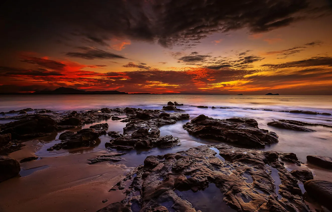 Photo wallpaper landscape, the ocean, dawn, shore