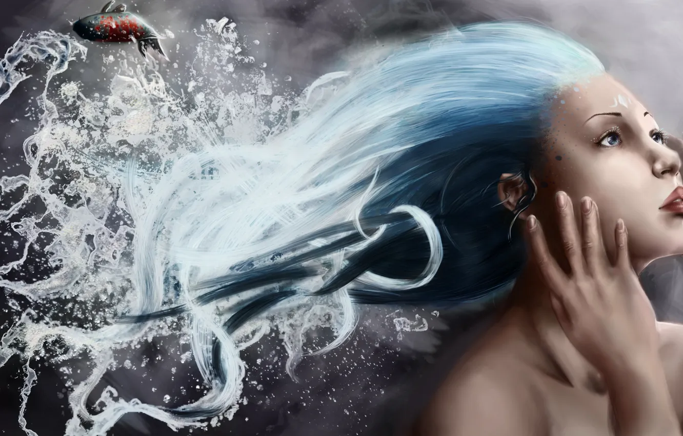 Photo wallpaper water, girl, fish, face, hair