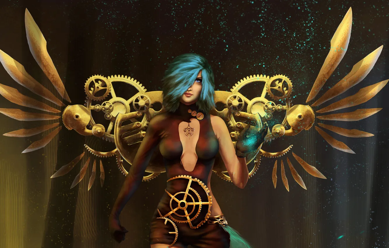Photo wallpaper look, girl, fiction, hair, mechanism, wings, art, costume