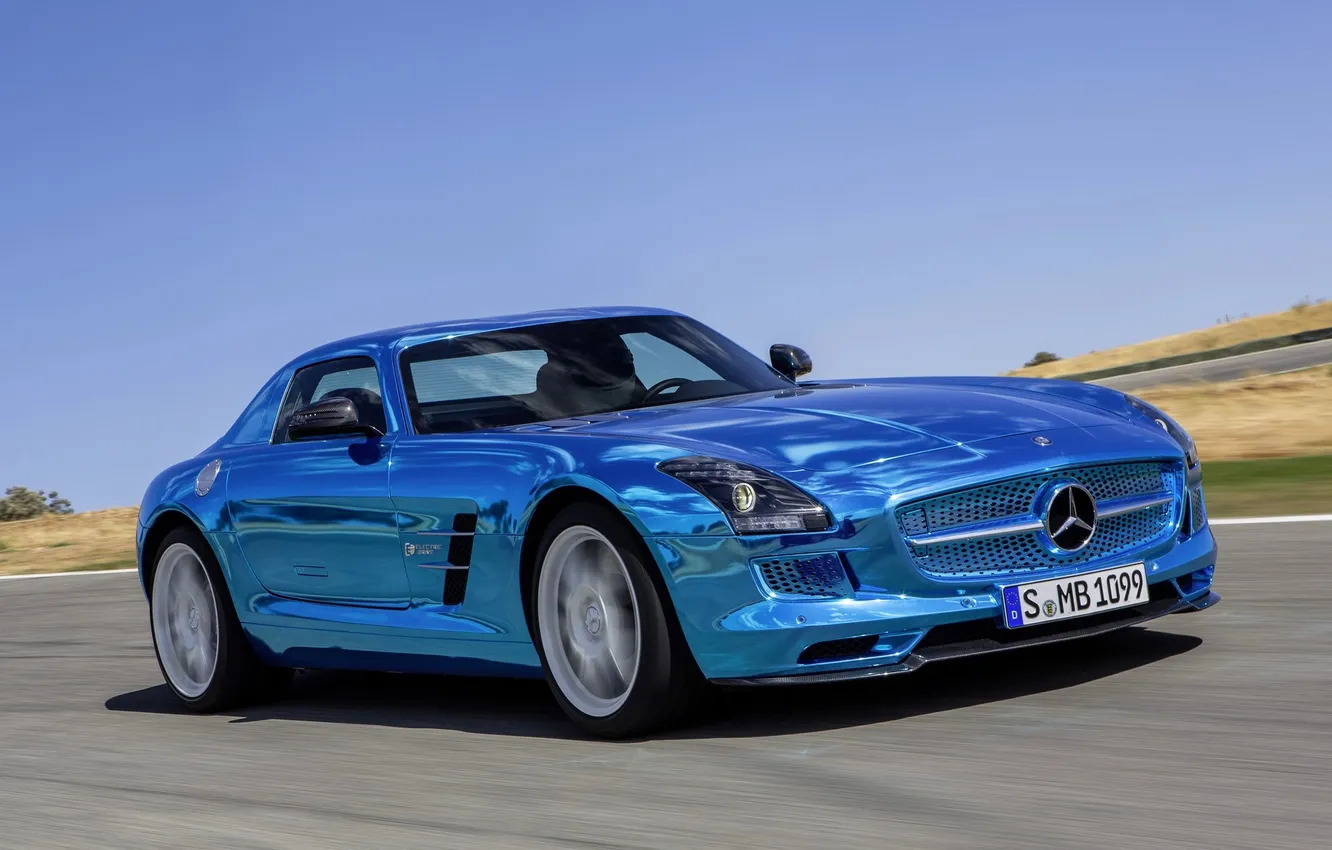 Photo wallpaper blue, Mercedes-Benz, logo, The hood, chrome, in motion, AMG, SLS