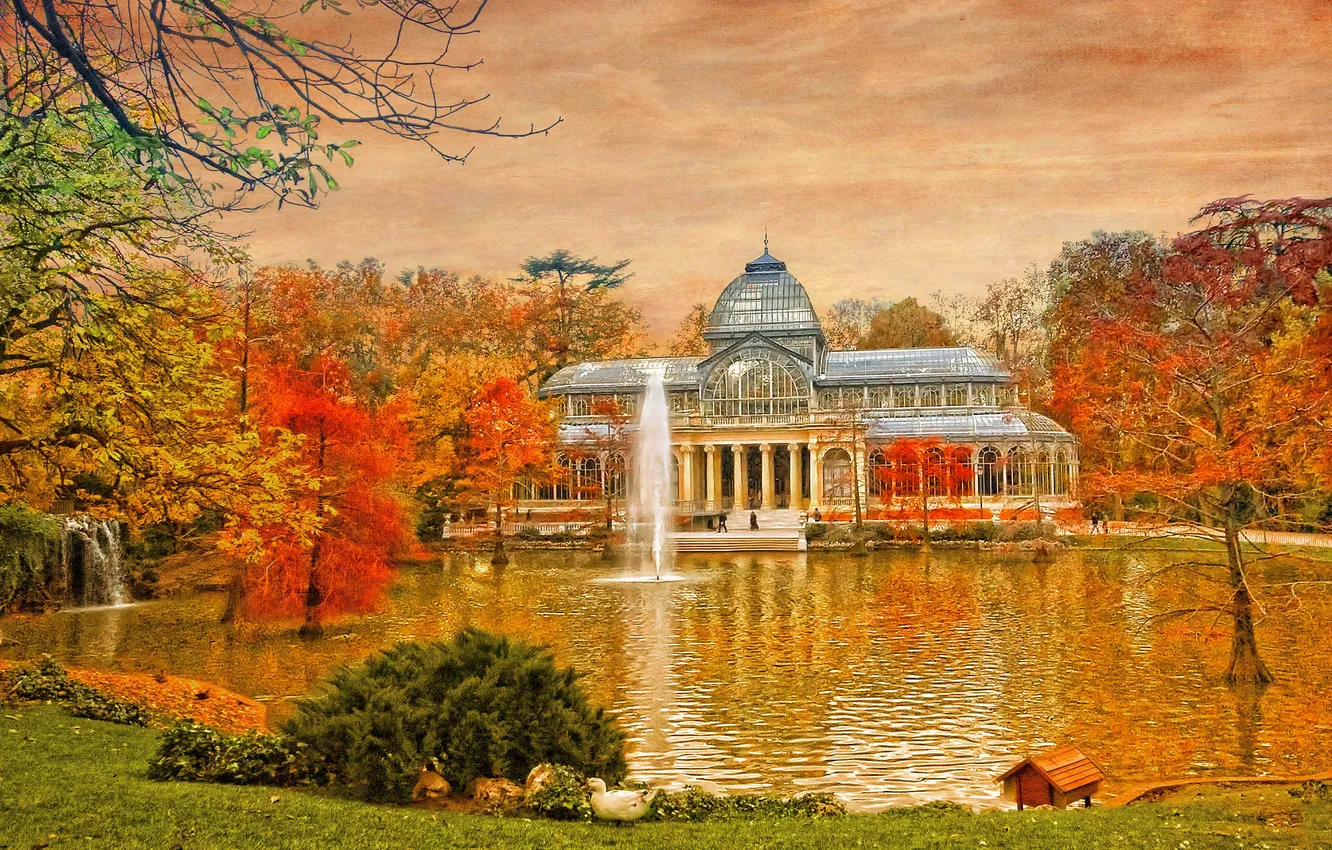 Wallpaper autumn, the sky, trees, pond, Park, fountain, canvas ...