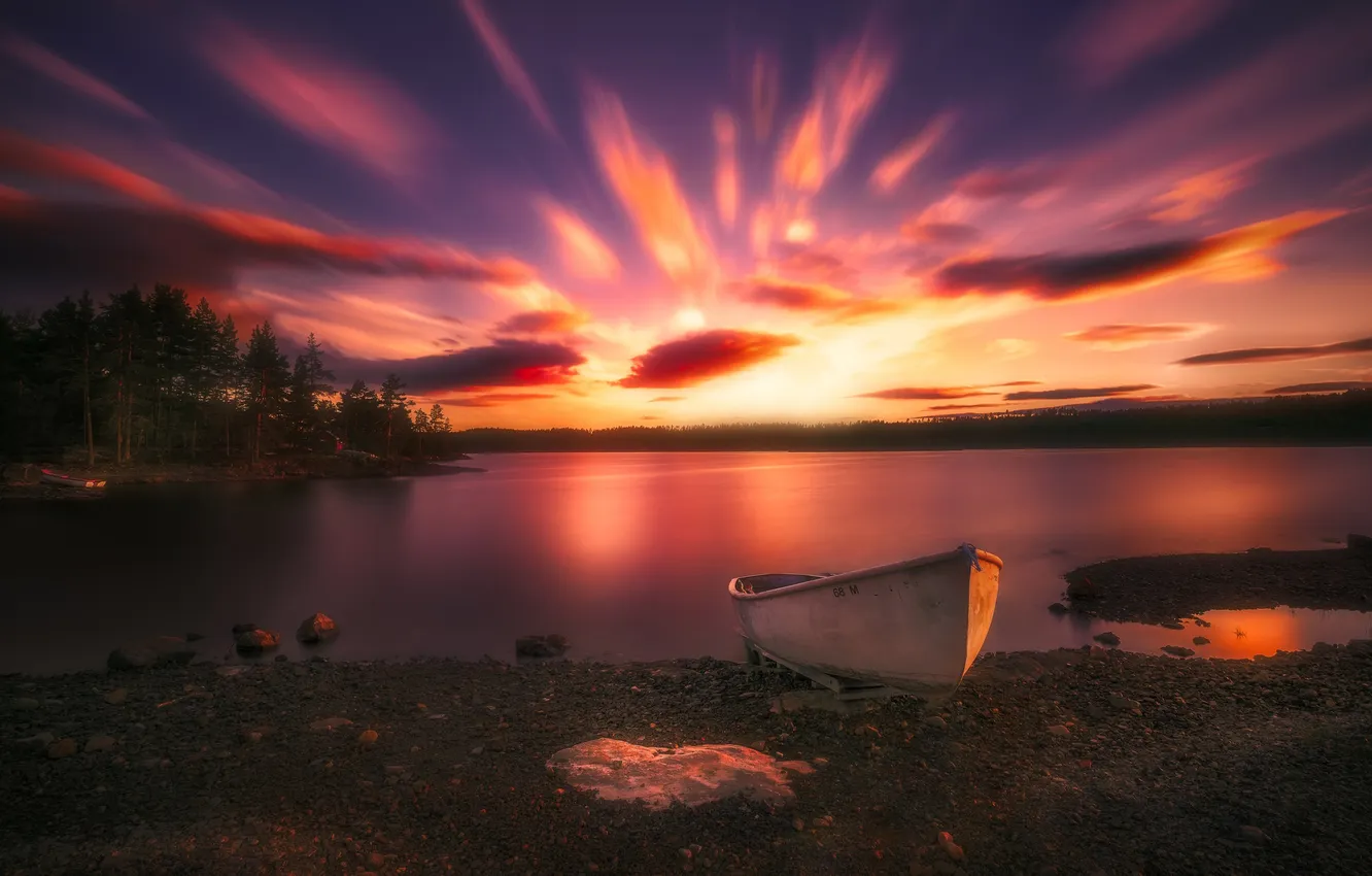 Photo wallpaper sunset, nature, boat