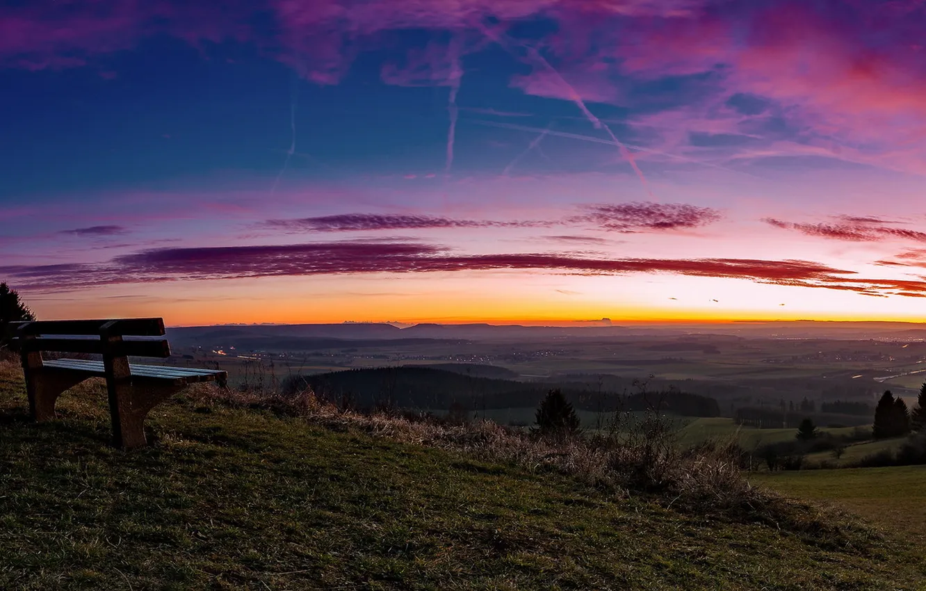 Photo wallpaper sunset, nature, bench