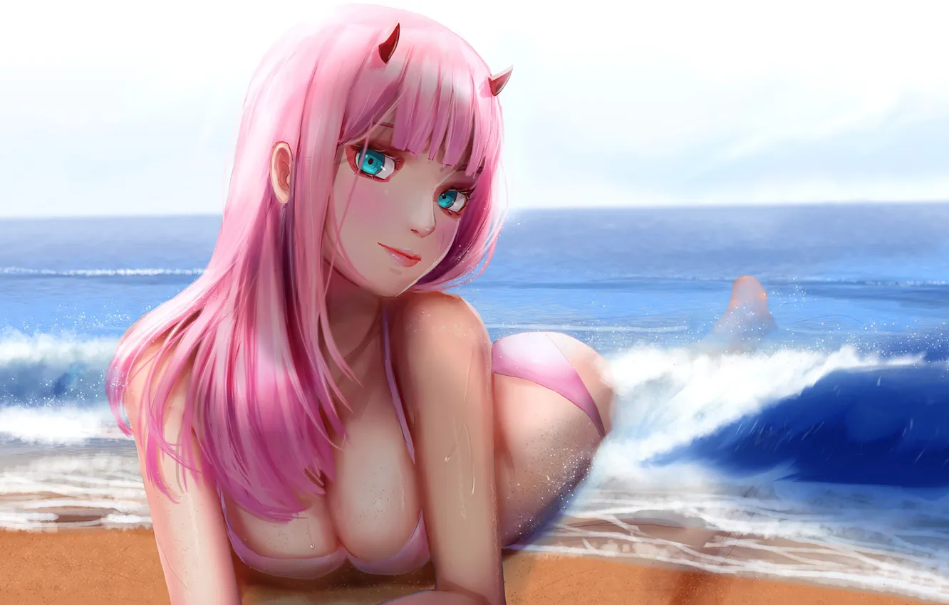 Photo wallpaper beach, girl, 002, Darling in the FranXX, Cute in France, Zero Two