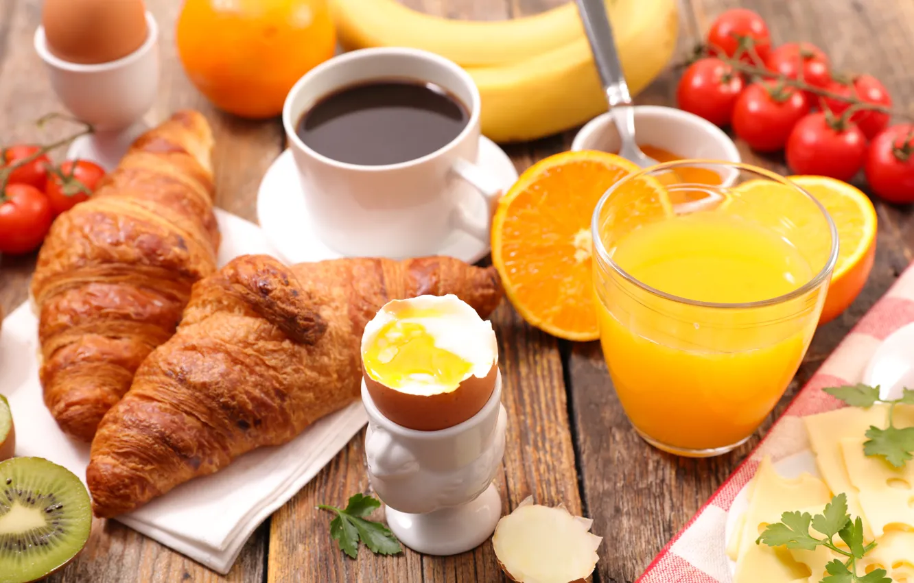 Photo wallpaper coffee, food, Breakfast, cheese, juice, croissants