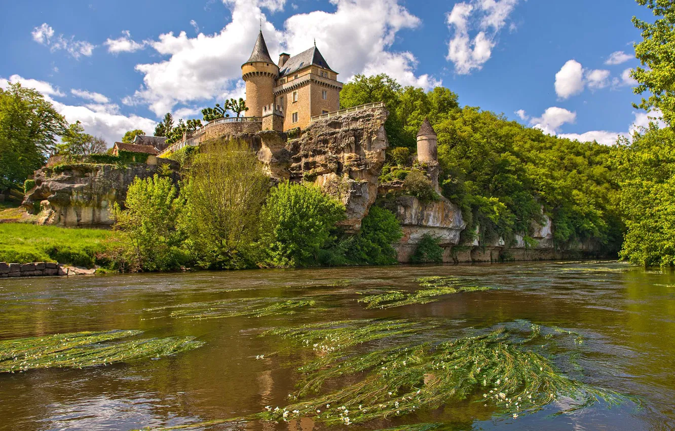 Photo wallpaper the city, castle, rocks, France, Kano, the Dordogne river, Dordogne, Chateau Lalinde
