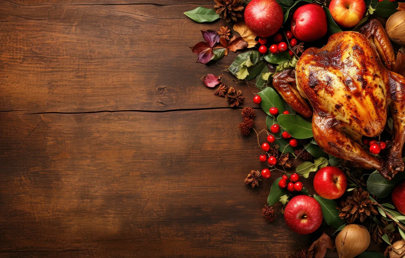 Photo wallpaper leaves, red, berries, apples, Board, bow, fruit, meat