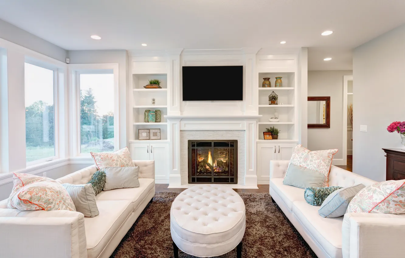 Photo wallpaper comfort, Windows, interior, pillow, fireplace, sofas, living room