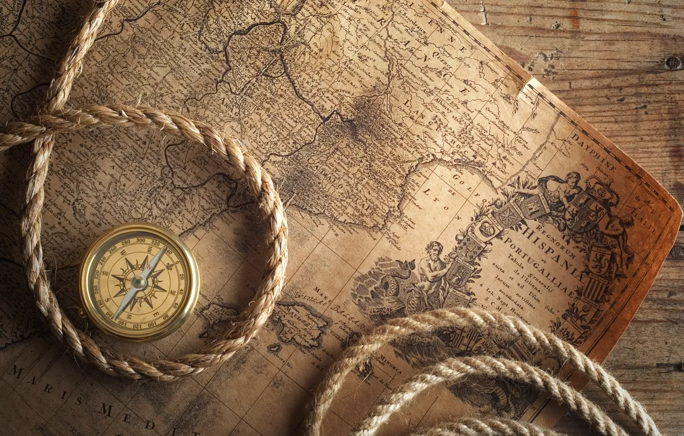 Photo wallpaper table, map, rope, compass