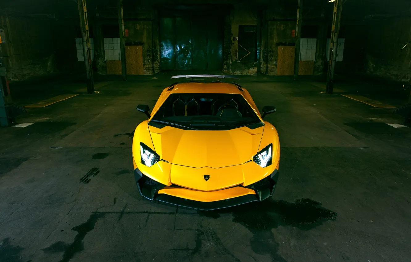 Photo wallpaper car, auto, yellow, lights, Lamborghini, yellow, the front, Aventador