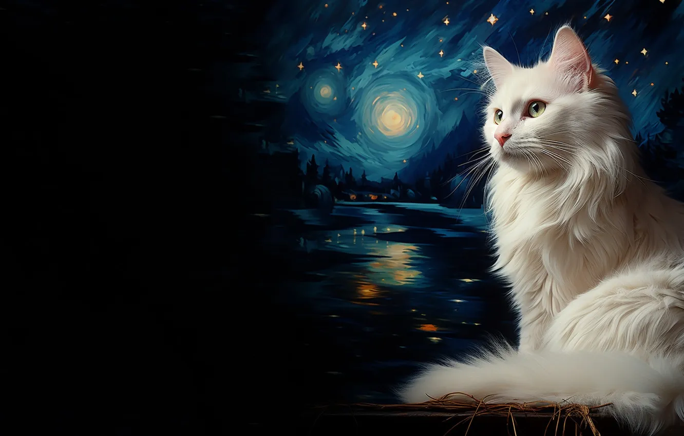 Photo wallpaper cat, cat, night, lake, the moon