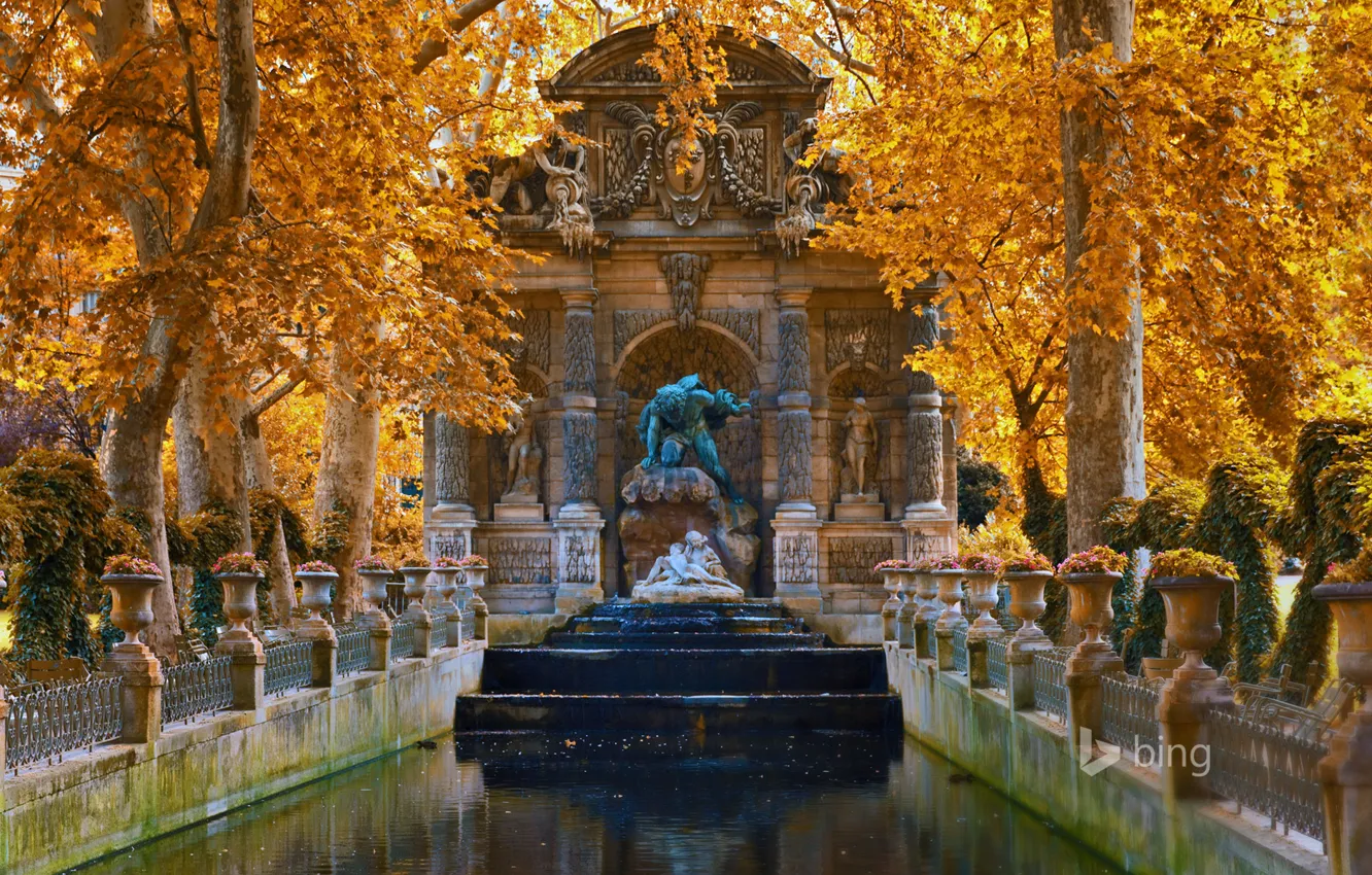 Photo wallpaper autumn, trees, landscape, flowers, France, Paris, fountain, Luxembourg gardens
